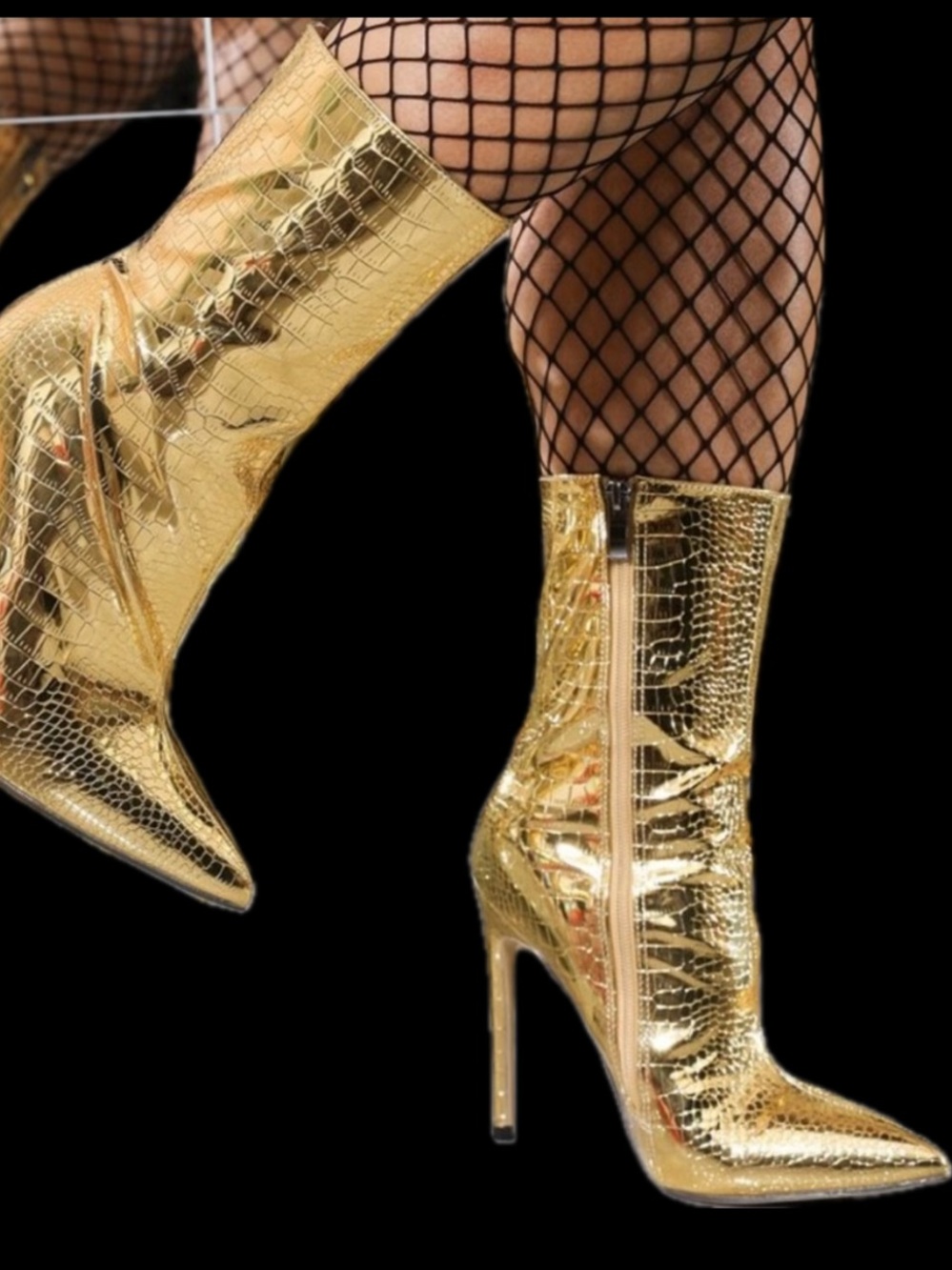 Sexy Bright Gold Metallic crocodile print zipper high heel stiletto boots New